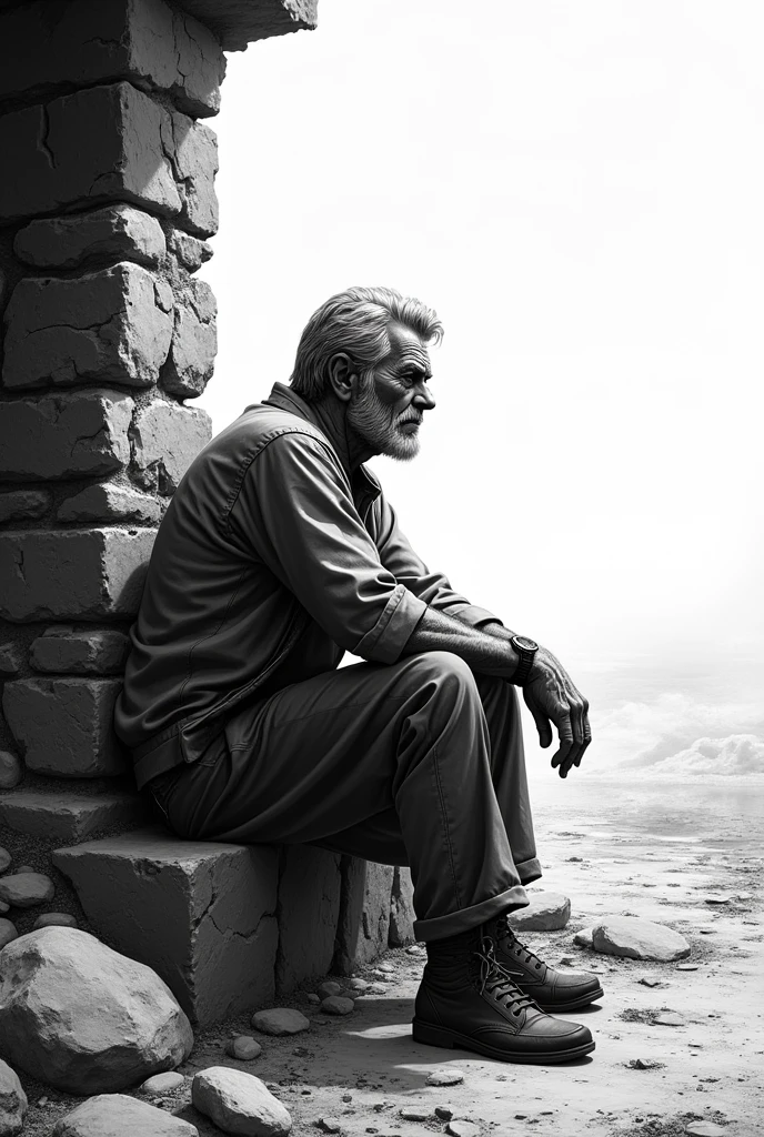 the rustic-style middle-aged gentleman sits next to the stone, looking at the horizon with a lost gaze, as if there was no more strength to move forward. Your memories begin to appear at the edges of the frame: the face of a loved one, a dream that was abandoned, a personal battle that failed. generates a HQ image, estilo historia em quadrinhos, in black and white