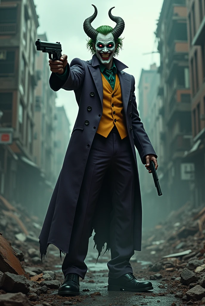 A devil joker in destroyed city hold a gun in his hand