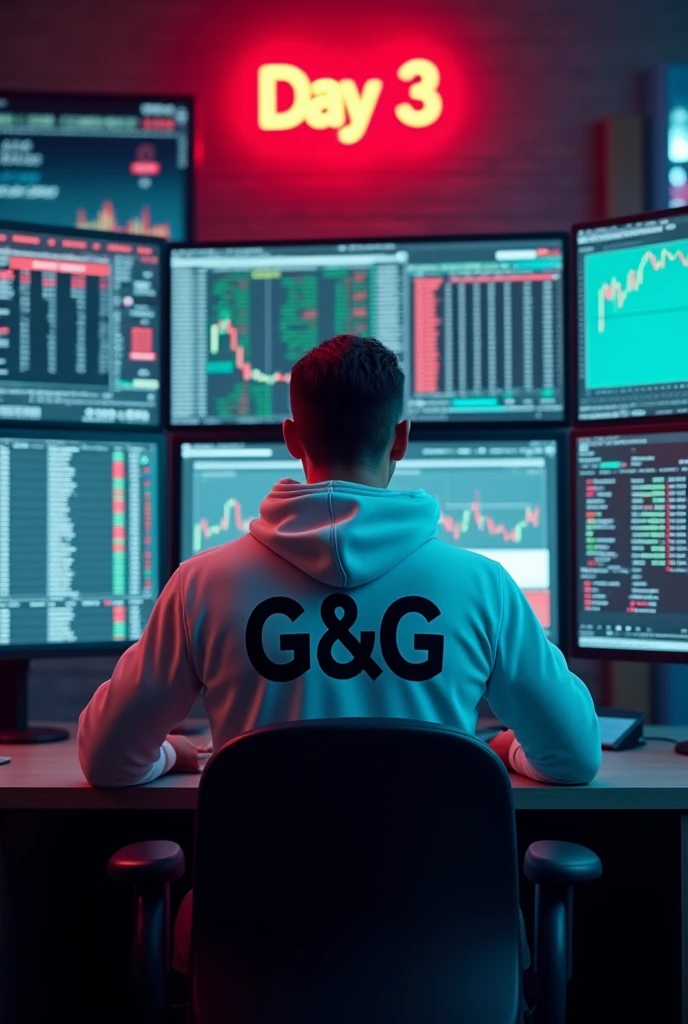 Create a 3d image of a man sitting in trading room on money and working on trading application on his pc the boy face not visible must white hoodie and his name "G & G" written on the hoodie. Pic from back side pc monitor visible. And wall up side corner "Day 3" written on red neon light. Imege size 9:16 hd