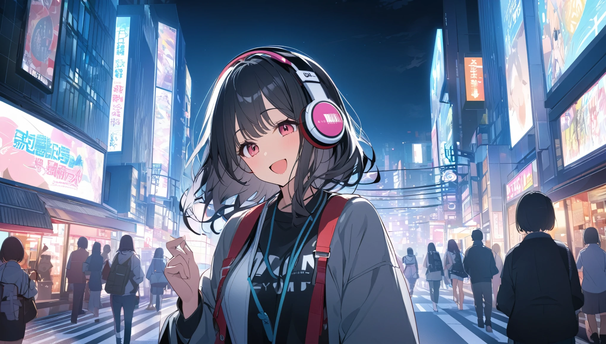 Smiling black-haired woman wearing headphones looking at the city of Tokyo,Streetscape、listen to music、Japanese、I can't open my mouth
