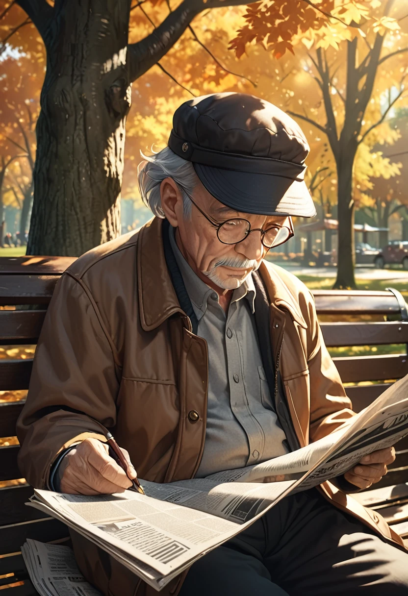 a lonely old man reading newspaper on park bench, autumn morning, gentle sunlight through trees, old man wearing glasses and hat, realistic, photorealistic, masterpiece, 8k, hyper detailed, cinematic lighting, warm color tones, detailed facial features, intricate textures, sentimental mood, melancholic atmosphere, peaceful, calming, nostalgic