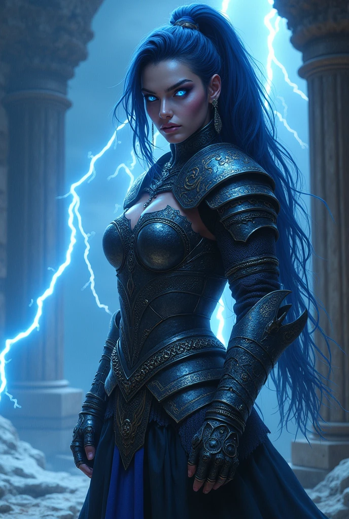 Aletta Ocean, angry evil beautiful and muscular, Nordic female, towering storm Giantess with blue black hair in a ponytail, older and mature woman, throwing a lightning ball, celtic glowing tattoos, wearing nordic steel runic plate mail Armour , temple cave background with lightning storm, glowing blue eyes, square jaw, powerful and imposing, winter clothing, pale blue purple skin, ((full plate celtic dragon armour)), nordic tattoos, fit bodybuilder, facing the camera , ultra detailed