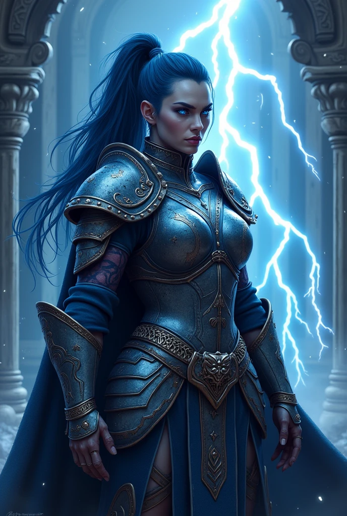 Aletta Ocean, angry evil beautiful and muscular, Nordic female, towering storm Giantess with blue black hair in a ponytail, older and mature woman, throwing a lightning ball, celtic glowing tattoos, wearing nordic steel runic plate mail Armour , temple cave background with lightning storm, glowing blue eyes, square jaw, powerful and imposing, winter clothing, pale blue purple skin, ((full plate celtic dragon armour)), nordic tattoos, fit bodybuilder, facing the camera , ultra detailed