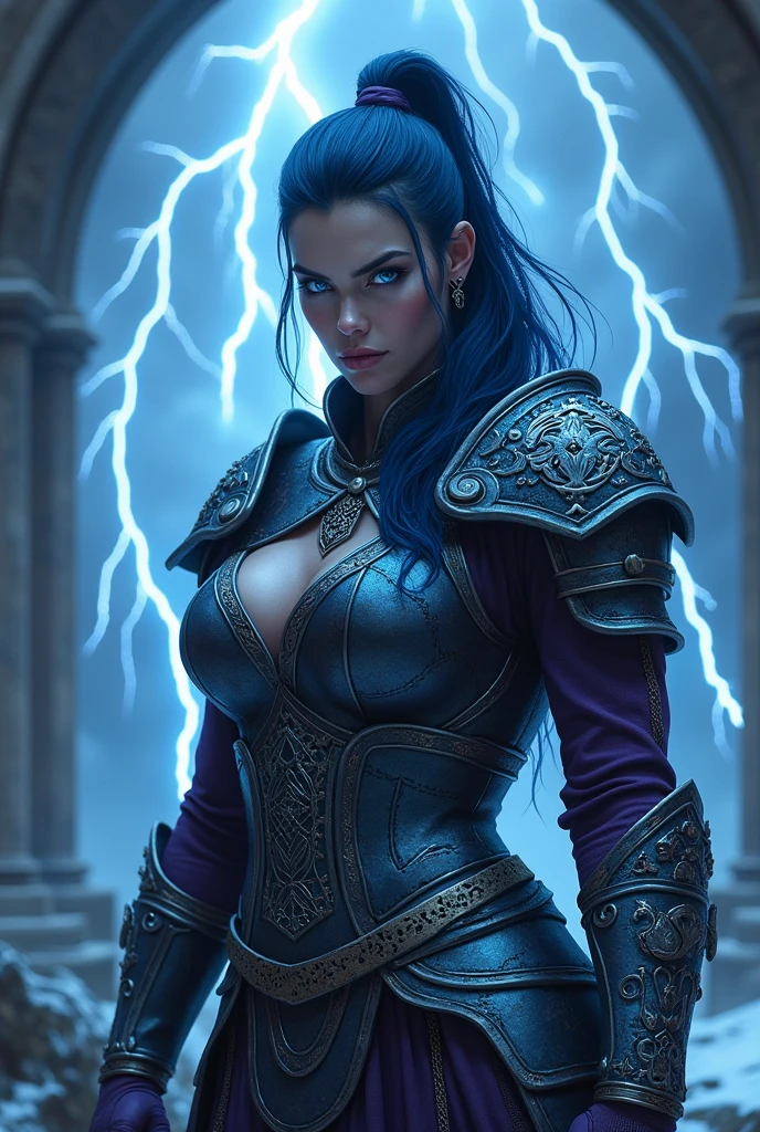 Aletta Ocean, angry evil beautiful and muscular, Nordic female, towering storm Giantess with blue black hair in a ponytail, older and mature woman, throwing a lightning ball, celtic glowing tattoos, wearing nordic steel runic plate mail Armour , temple cave background with lightning storm, glowing blue eyes, square jaw, powerful and imposing, winter clothing, pale blue purple skin, ((full plate celtic dragon armour)), nordic tattoos, fit bodybuilder, facing the camera , ultra detailed, looking outraged