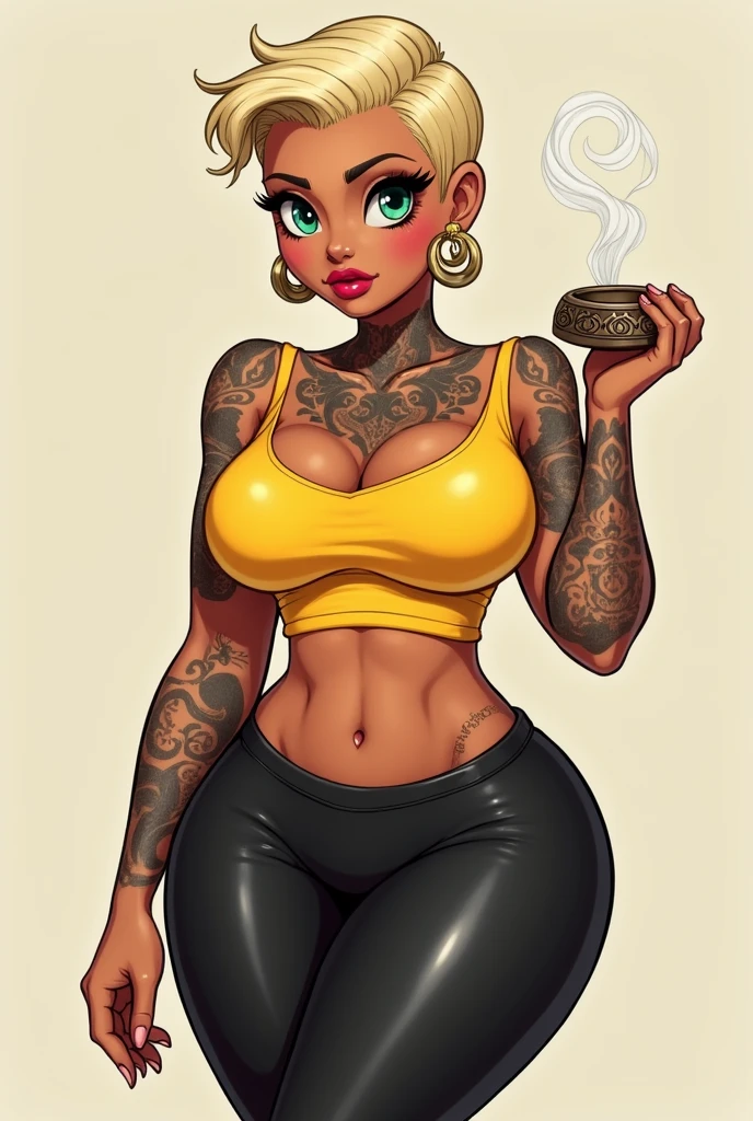 a beautiful tanned olive skin pretty face girlie cartoon woman with flat stomach wide hips curvy
body with big breast and big bum with full body tattoos stomach, neck and arm tattoos with green blue eyes and short blonde pixie cut hair wearing yellow crop
top and black leggings holding a ashtray