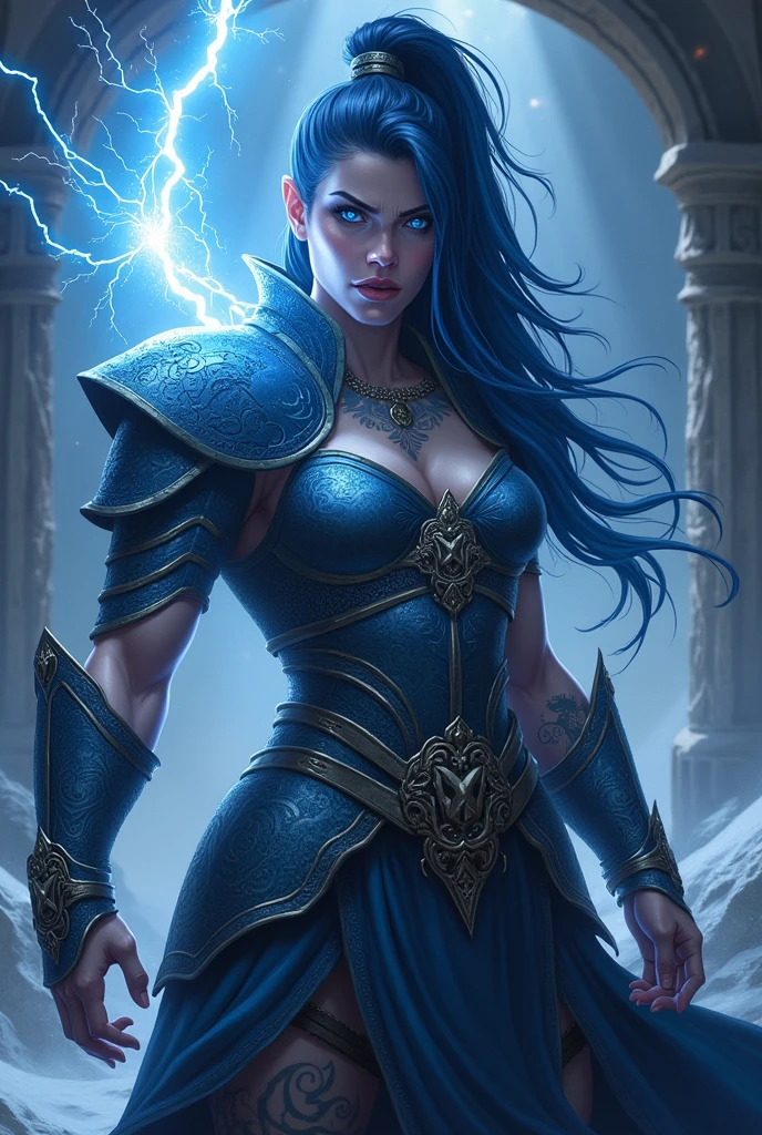 Aletta Ocean, angry evil beautiful and muscular, Nordic female, towering storm Giantess with blue black hair in a ponytail, older and mature woman, throwing a lightning ball, celtic glowing tattoos, wearing nordic steel runic plate mail Armour , temple cave background with lightning storm, glowing blue eyes, square jaw, powerful and imposing, winter clothing, pale blue purple skin, ((full plate celtic dragon armour)), nordic tattoos, fit bodybuilder, facing the camera , ultra detailed