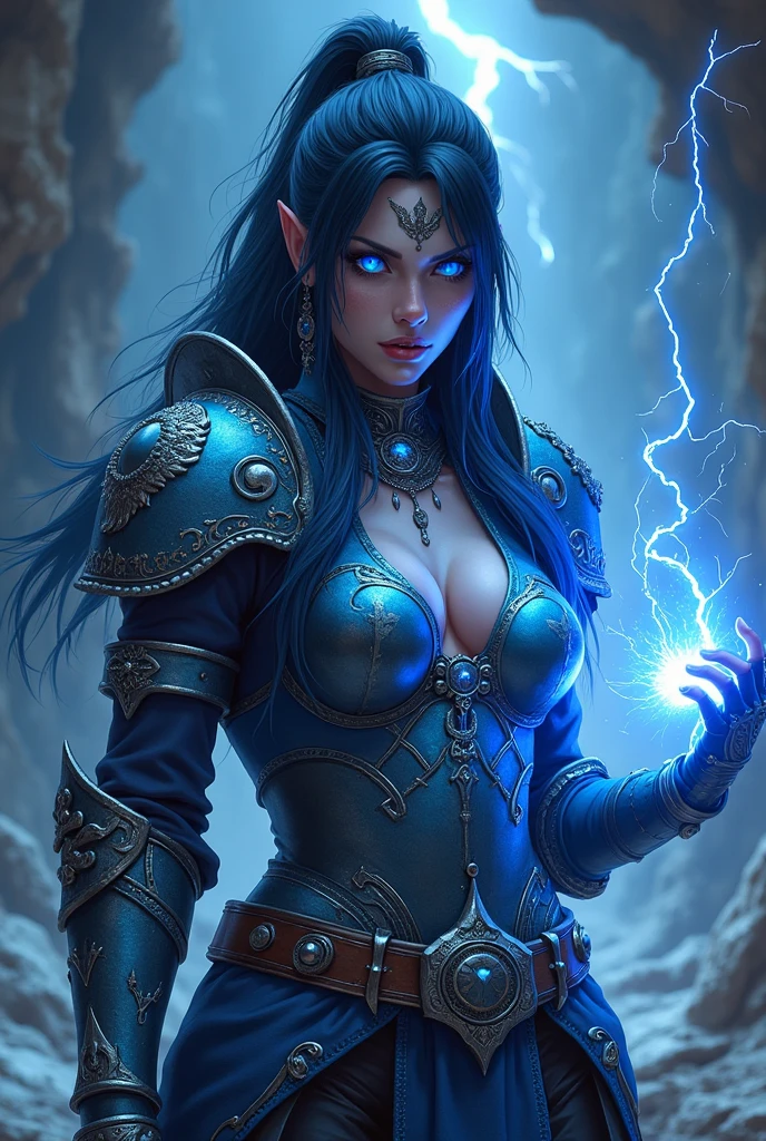 Aletta Ocean, angry evil beautiful and muscular, Nordic female, towering storm Giantess with blue black hair in a ponytail, older and mature woman, throwing a lightning ball, celtic glowing tattoos, wearing nordic steel runic plate mail Armour , temple cave background with lightning storm, glowing blue eyes, square jaw, powerful and imposing, winter clothing, pale blue purple skin, ((full plate celtic dragon armour)), nordic tattoos, fit bodybuilder, facing the camera , ultra detailed