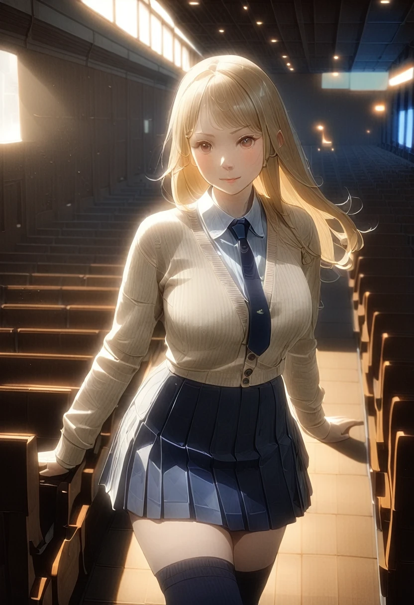 (masterpiece:1.2, Highest quality), (Realistic, photoRealistic:1.4), Beautiful illustrations, (Natural Side Lighting, Cinema Lighting), 
View your viewers, Cowboy Shot, Front view:0.6, 1 person, Japanese, high School girl, Perfect Face, Cute and symmetrical face, Glowing Skin, 
(Long Hair:1.8, Twin Blade:1.6, Blonde), Hairline, Asymmetrical bangs, Red eyes, Long eyelashes, (Large Breasts:0.9, Thick thighs), 
Beautiful Hair, Beautiful Face, Beautiful attention to detail, Beautiful clavicle, Beautiful body, Beautiful breasts, Beautiful thighs, Beautiful feet, Beautiful fingers, 
((Light blue collared shirt, Navy pleated mini skirt, socks, Navy tie, Light brown cardigan)), Pink Panties, 
(Beautiful views), evening, School, classroom, curtain, walk, Place your hand on your chest, (Cute smile, Upward glance), 