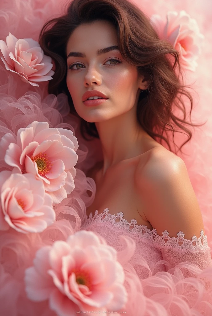Create me a poster of a attractive and beautiful woman for launching new perfume in the market. The background needs to be muave pink and muave floral which expresses a intense yet girly scent