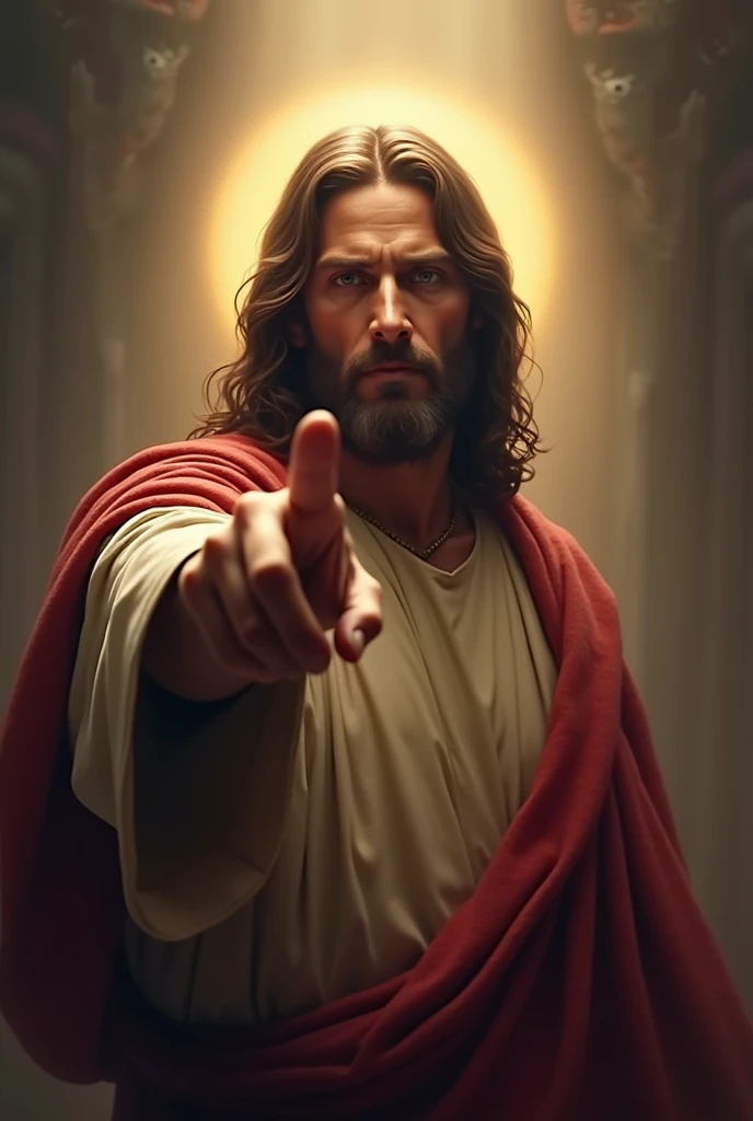 Make the image Jesus pointing his finger at the camera