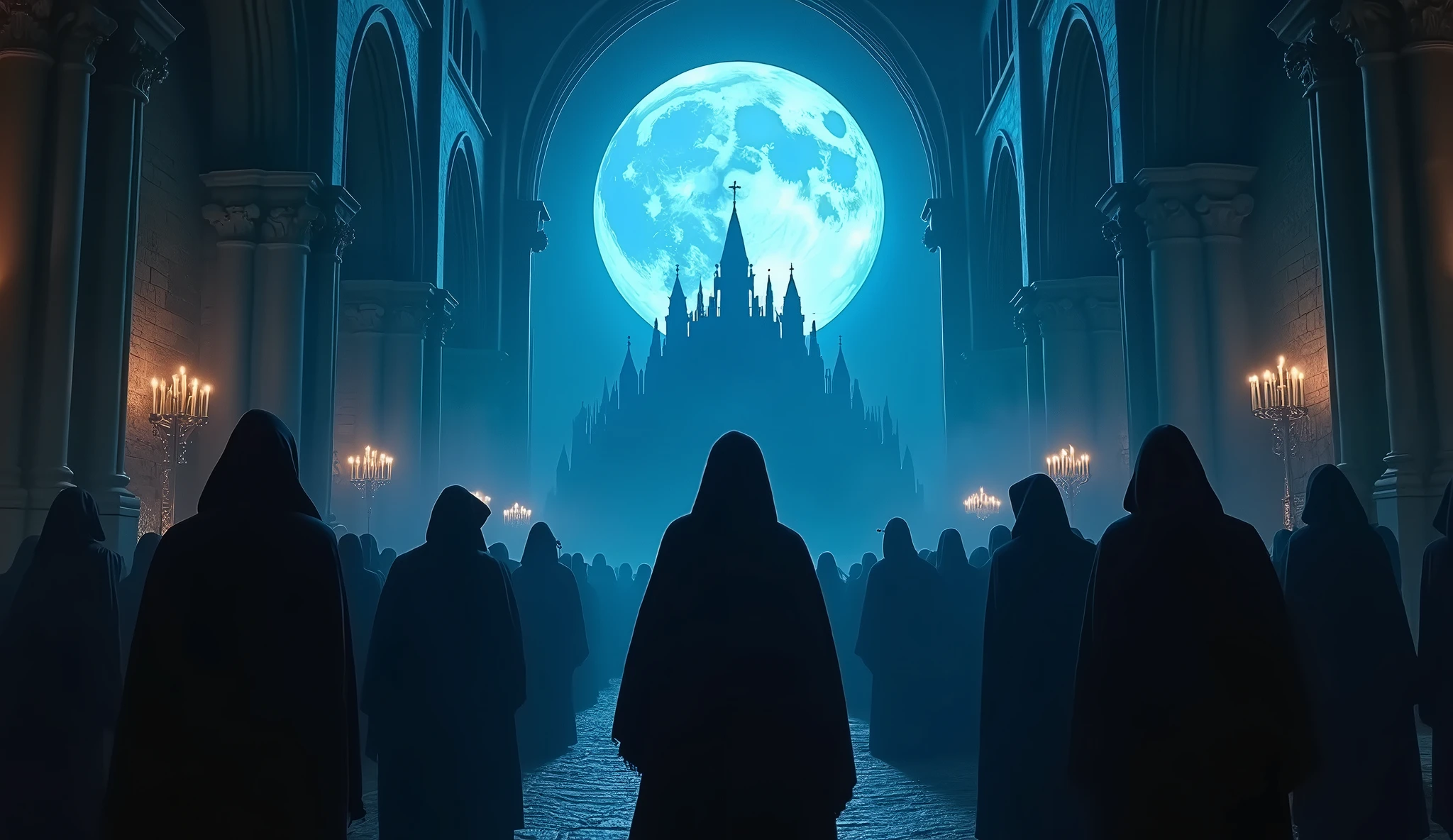 8k、 big red moon ,zoom up(number々の賞を受賞したmasterpiece、Incredible detail、Texture、Maximum details),blue flame candle, (summoning magic),(The moonlight at night is beautiful), (Demon King's Castle),(dark organization)arafed image of a group of people in a church with candles,lit candle, dark cinematic concept art, elegant cinematic fantasy art, photorealistic dark concept art, by Beeple, dark robes, wojtek fus, gothic epic library concept, gothic epic library, epic cinematic concept art, dark concept art, Beeple and mike winkelmann, symmetrical epic fantasy art, High resolution, masterpiece, Highest quality, Intricate details, Very detailed, Clear focus, practical skin texture, texture, Shot with Canon, 85mm, Shallow and deep, Kodak Vision Color, Exactly, Very detailed, photograph_\(Extremist\), photographpractical, practical, Post-processing, Maximum details, Roughness, Real Life, Extremist practical, Photorealism, photographgraphy, 8K Ultra HD, photographgraphy