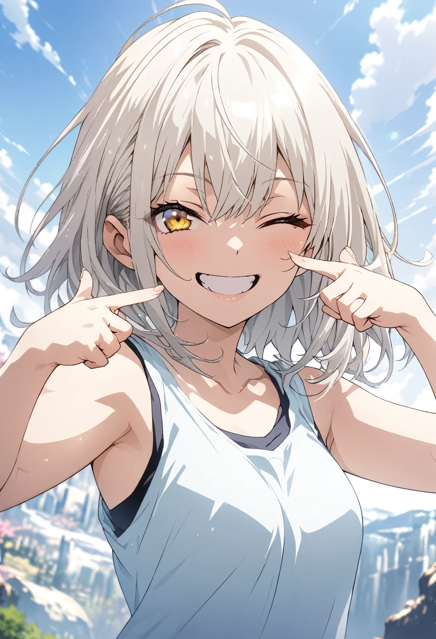 masterpiece, Highest quality, Highly detailed CG Unity 8K wallpapers, High School Girl Anime Illustration. Wear an oversized tank top、Finger gun pose、she has her eyes closed and mouth open, smile. The background is a light pastel colored landscape., white hair color, Yellow Eyes, Deep depth of field