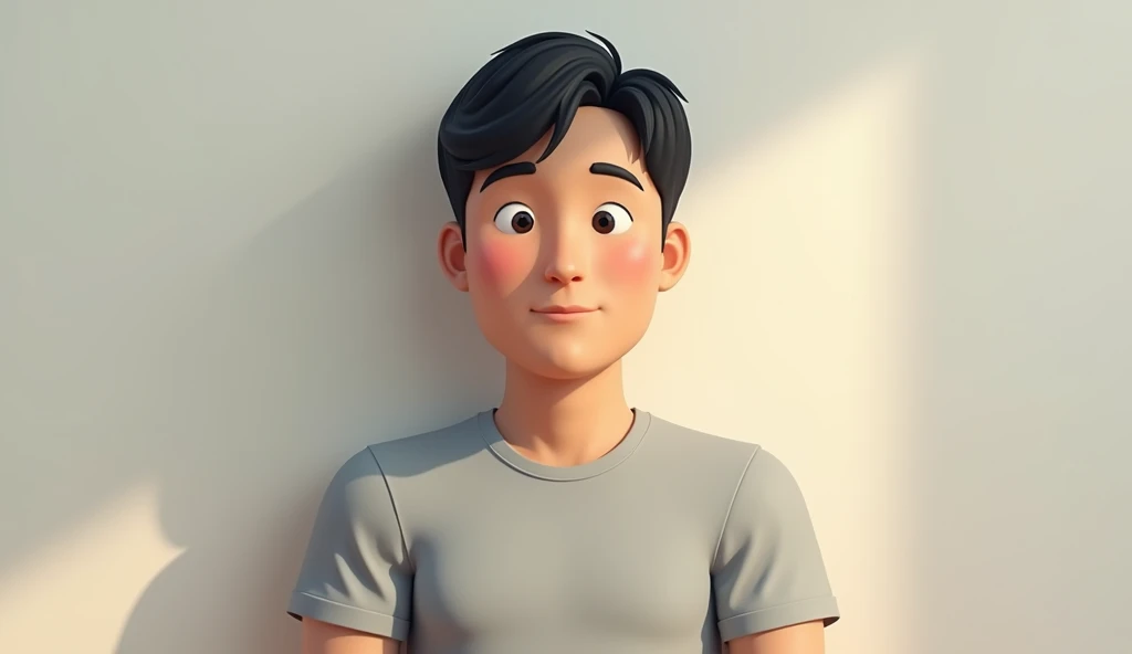 (photorealism:1.2), Create an a man and a light gray t-shirt. The character has a round face, short black hair, and a medium skin tone with visible facial texture. The expression should be calm and neutral, with the character facing directly forward, seated against a plain light-colored wall. The animation style should be realistic, focusing on capturing the facial features and the overall simplicity of the scene, with the character centered in the frame."