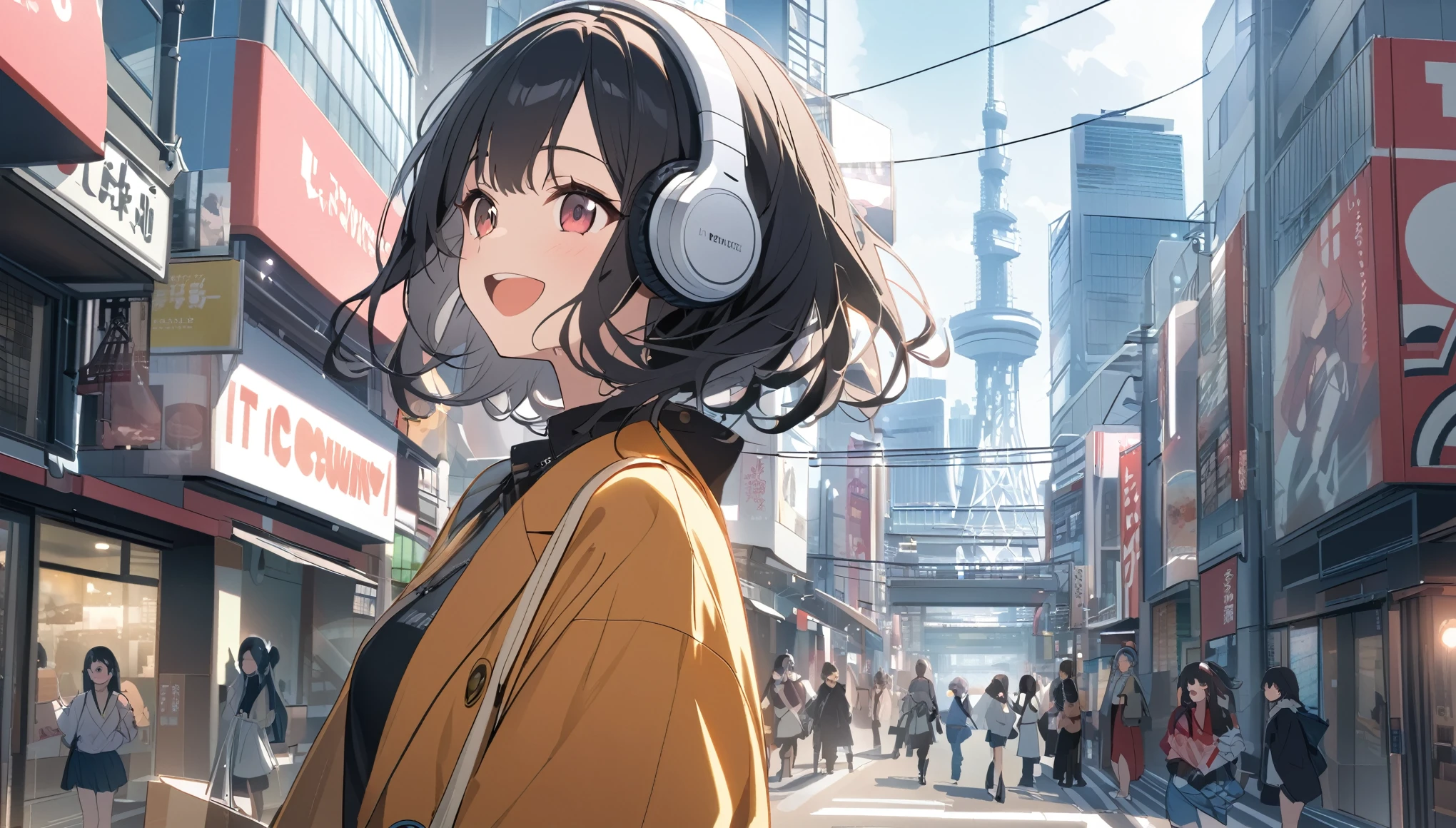 Smiling black-haired woman wearing headphones looking at the city of Tokyo,Streetscape、listen to music、Japanese、I can't open my mouth