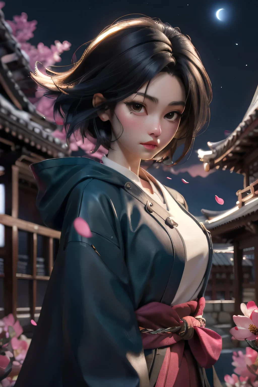 (absurdity,official art,unity 8k wallpaper,Ultra detailed,high quality,Best quality),(Best quality, masterpiece),(1 girl, Miko, coat, facial expression, black eyes, looking forward ,black hair, to walk, upper body), (night sky, A huge old tree behind, Falling glowing pink petals behind, temple behind, Mountain background, blowing wind, Meteor Cloud),