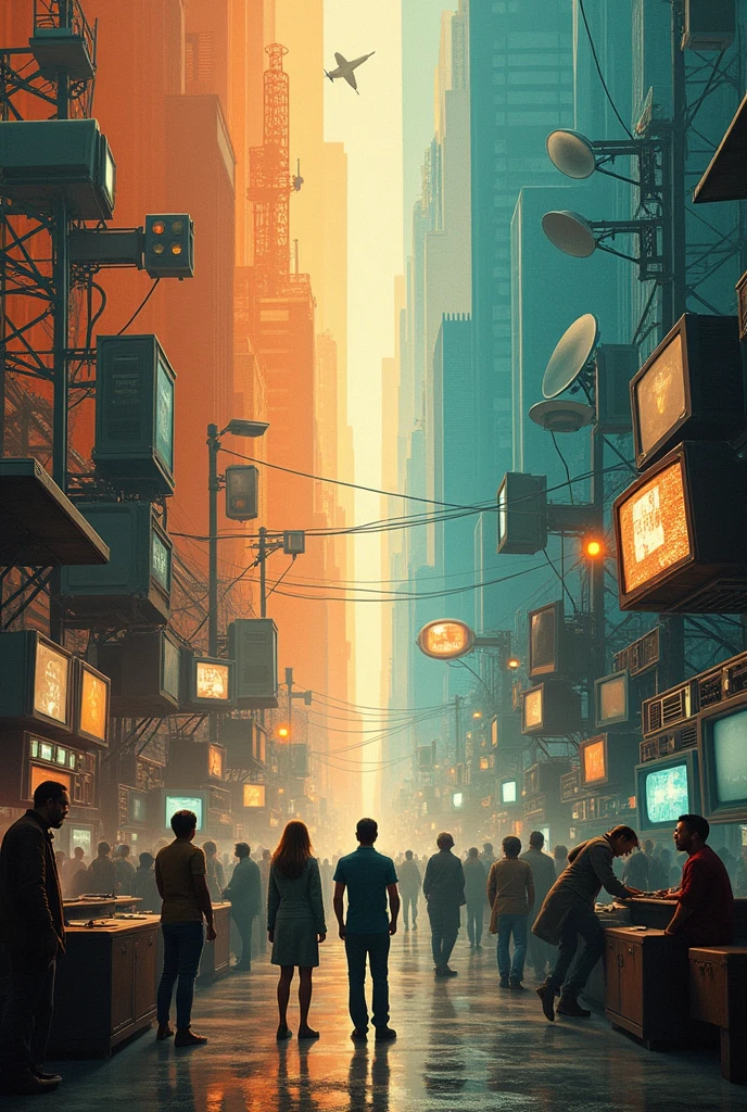 Image description:
1. **bottom**: A background that represents the passage of time, It could be a gradient that goes from sepia tones (for the past) in bright and futuristic colors (for the present and the future).
2. **Left side (Past)**:
- A telegraph in the lower left corner, with its characteristic pulse and cable equipment.
- An old rotary telephone just above the telegraph, showing its signature design.
- A black and white television from the 50s, with an antenna on top.
- A classic radio microphone from the 1930s, symbolizing the first radio broadcasts.
3. **center (Transition to modernity)**:
- A personal computer from the 90s with a CRT screen and a floppy disk next to it.
- A mobile phone from the early 2000s with an antenna, highlighting its evolution from landlines.
- A satellite dish for television, symbolizing the global transmission of signals.
- A state-of-the-art touchscreen mobile phone, showing an open social media app.
4. **Right Part (Future and Modern Technologies)**:
- An abstract representation of the internet, maybe with lines of light connecting different points, symbolizing the global network.
- A virtual reality device, with a person using it to communicate in a virtual space.
- A drone with a camera, representing new ways of capturing and transmitting information.
- A digital voice assistant, as a smart speaker, symbolizing artificial intelligence in communication.
5. **Sky or Upper Part**:
- Satellites orbiting the Earth, representing global communication.
- Radio wave and wifi signals coming out from different devices, showing wireless connectivity.
6. **people**:
- Several people of different ages and ethnicities interacting with these devices, showing how communication has evolved and become accessible