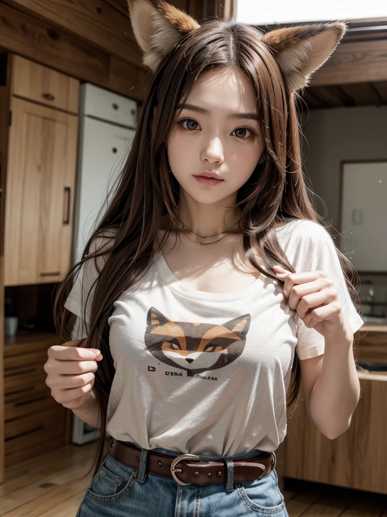 One person, chest, 大きなchest, Fox Ears, t shirt long hair, Brown Hair, belt