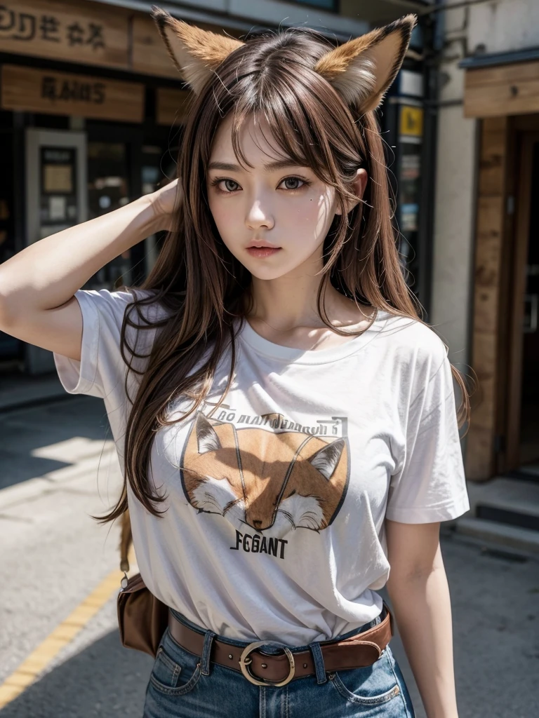 One person, chest, 大きなchest, Fox Ears, t shirt long hair, Brown Hair, belt