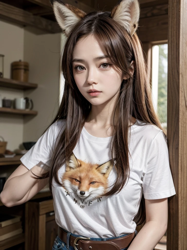 One person, chest, 大きなchest, Fox Ears, t shirt long hair, Brown Hair, belt