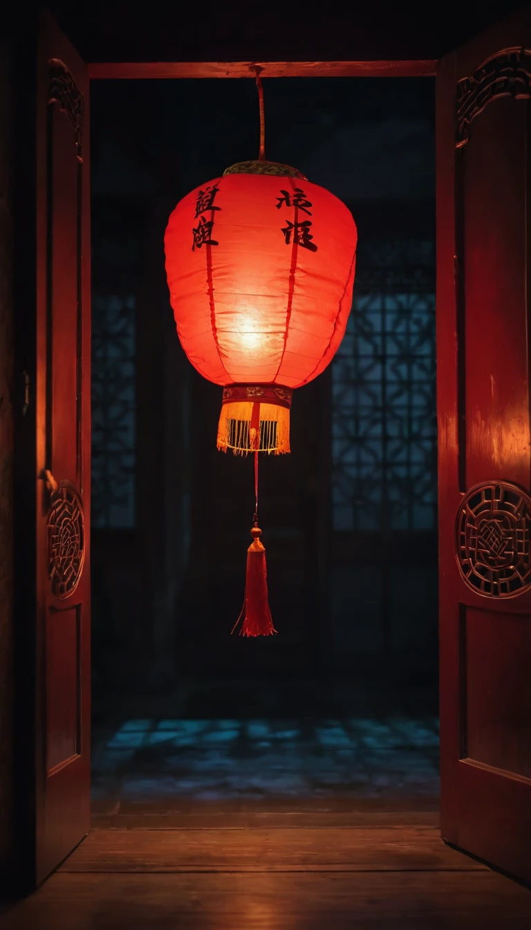 A red Chinese lantern floating in mid-air, glowing brightly. A door slamming shut in a dark room. Slow-motion, spooky atmosphere, supernatural elements.