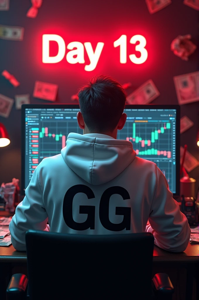 Create a 3d image of a man sitting in trading room on money and working on trading application on his pc the boy face not visible must white hoodie and his name "GG" written on the hoodie. Pic from back side pc monitor visible. And wall up side corner "Day 13" written on red neon light. Imege size 9:16 hd