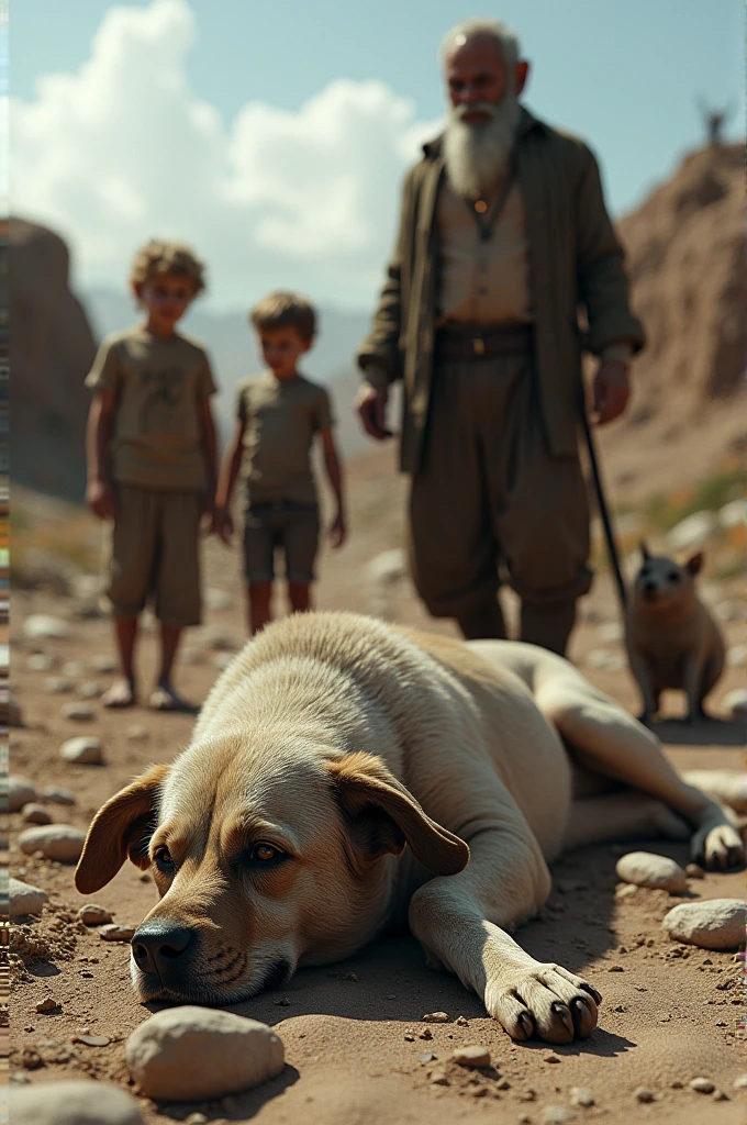 An almost dead dog, hairless, with wounds, lying with his head on the stone, In the backlands, almost sleeping with cavies, together with its owner, and 2 children, in a huge place, with pigpens and piggies