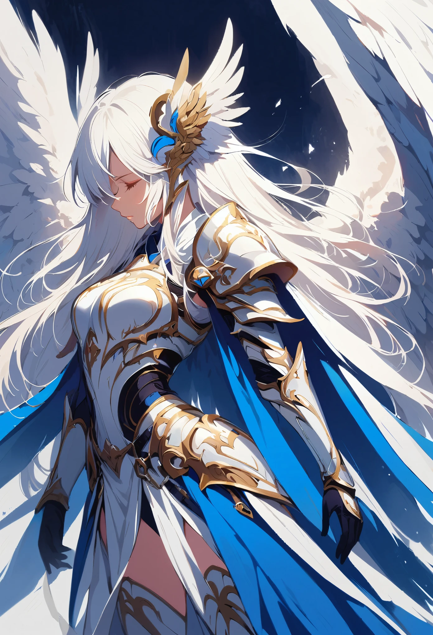 1girl angel angel_wings armor feathers_Long wing feathers_Hair Shoulder Armor Shoulder_Armor single piece_Upper wing separation_The body is white_Theme blue_Wings Wings