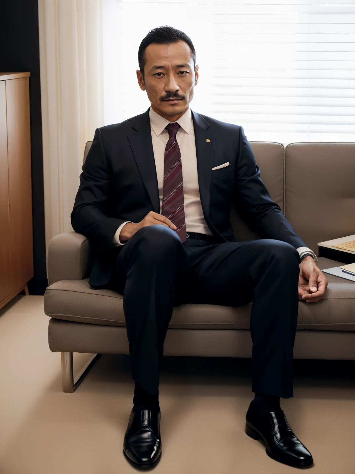 40 years old,Hidetoshi Nakata,(Kogoro Mori 1.3),whole body,Lean,muscle,office,black,foot,Suit,foot抬起,sofa,Baldhead ,transparent,Thick body hair,underwear,Topless,Densely hairy,Fortitude,HD,With a mustache