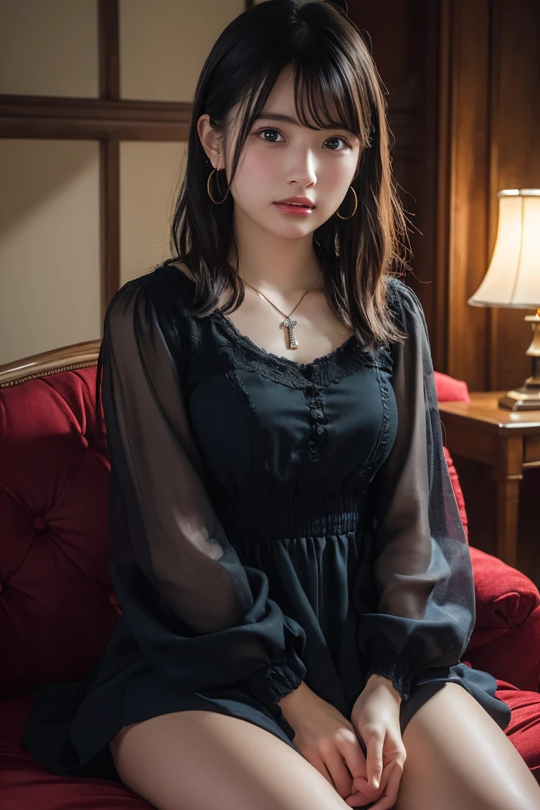 (Highest quality:1.4)，(masterpiece:1.4)，(Realistic:1.4)，(Realistic:1.2)，(超High resolution， RAW Photos:1.4)，(High resolution， Ultra-detailed:1.2)，(8k:1.2)，View your viewers，Cinematic photography，One person，skeletally correct，Black-haired woman，Woman in her early 20s，(Small earrings，necklace，Brown dress with voluminous sleeves)，（Western-style building interior，Dimly lit room，The lamplight shines on my cheeks，Sit on the sofa）