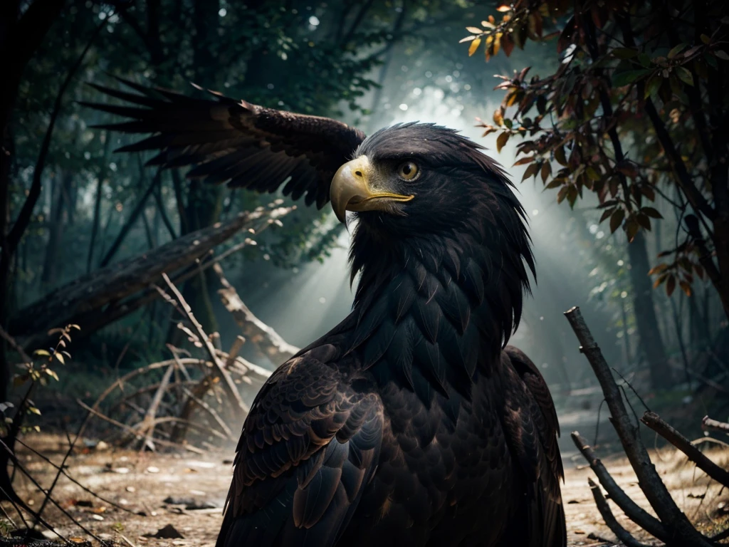 an artistic and vibrant image of an enigmatic creature that combines the features of a human and an eagle. It should blend characteristics of both a human and an eagle, so as to create a somewhat unsettling and eerie atmosphere. Use bold, intense colors in the image to emphasize the contrasts between the creature's beauty and mystery. The background should harmonize with and enhance the unique mysterious and artistic aura the creature emanates.