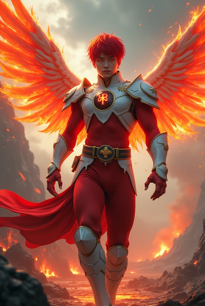 Male age 20, red short hair, asian, glowing red eyes, angry scream, black stone with lava glowing on the chest, red-light powers glowing, angel wings on fire, angel flame aura, destroyed armor, white Plate armor, armor breastplate with a pair four-pointed red stars, a gold belt buckle with a letter R, red leotard, plate belt, plate wristband, armor boots with red flames, cyberpunk japanese style, athletic, magic powers, action, black cat nails, crazy pose, volcano backgroud, full body