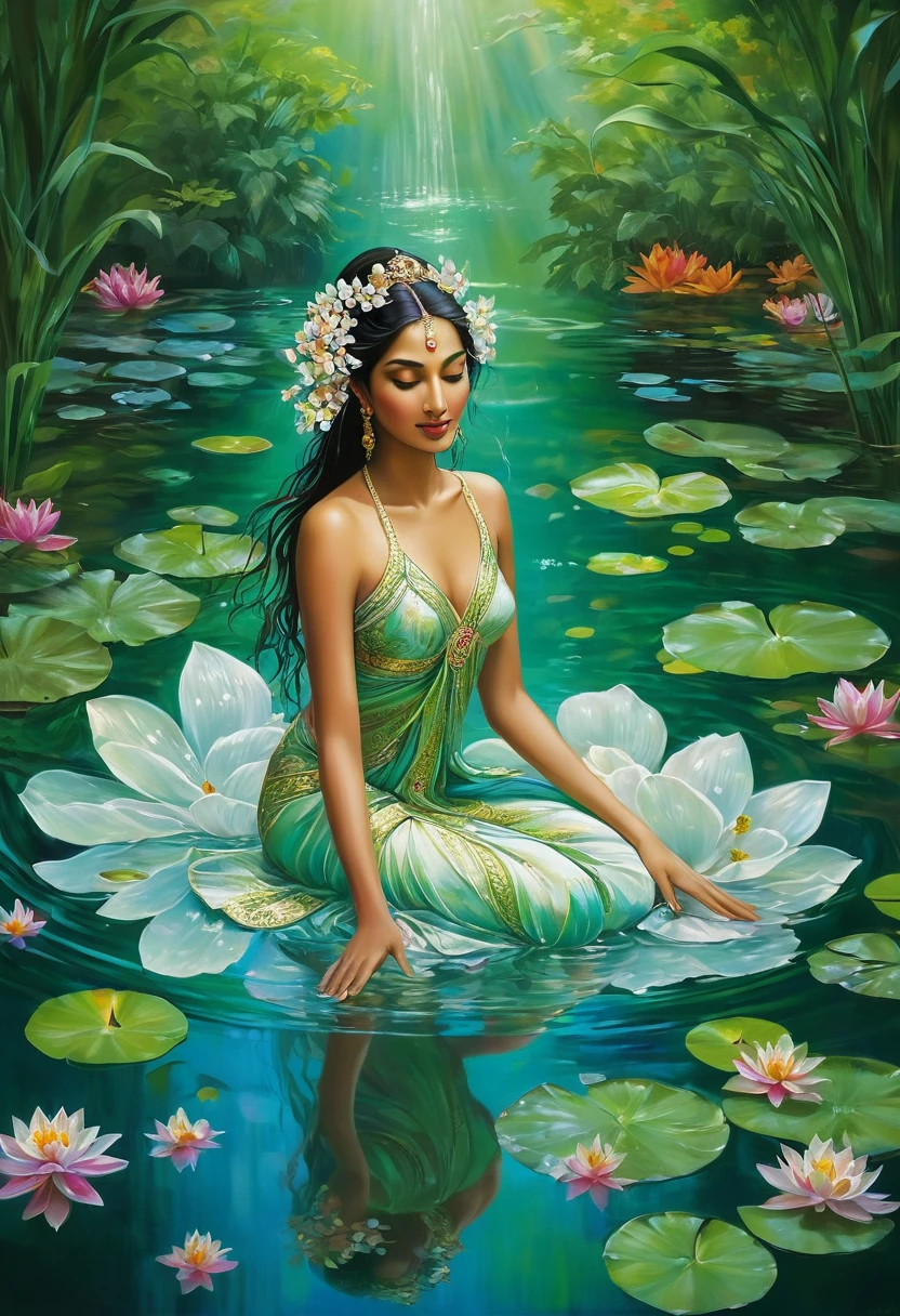 A graceful floating water goddess Suggested details Indian-like style A graceful floating water goddess, her delicate figure is surrounded by a tranquil garden of ethereal water flowers. These flower petals convey many emotions, moving gently with the wind rippling on the surface of the clear water. The stems of aquatic plants come in many vibrant colors, dazzling with their beauty. This captivating scene is depicted in a painting of stunning detail, where every aspect comes alive with rich and vibrant colors against the surrounding green background, transcending reality and illusion. , the footage has high detail, impressive lighting, and is extremely realistic.