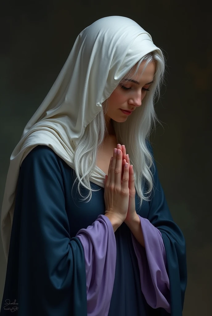 Realistic photo of woman with long white hair, from age to 45 years,wearing a dark blue and lilac long-sleeved flowing dress,wearing a cloth on her head covering her hair smiling praying