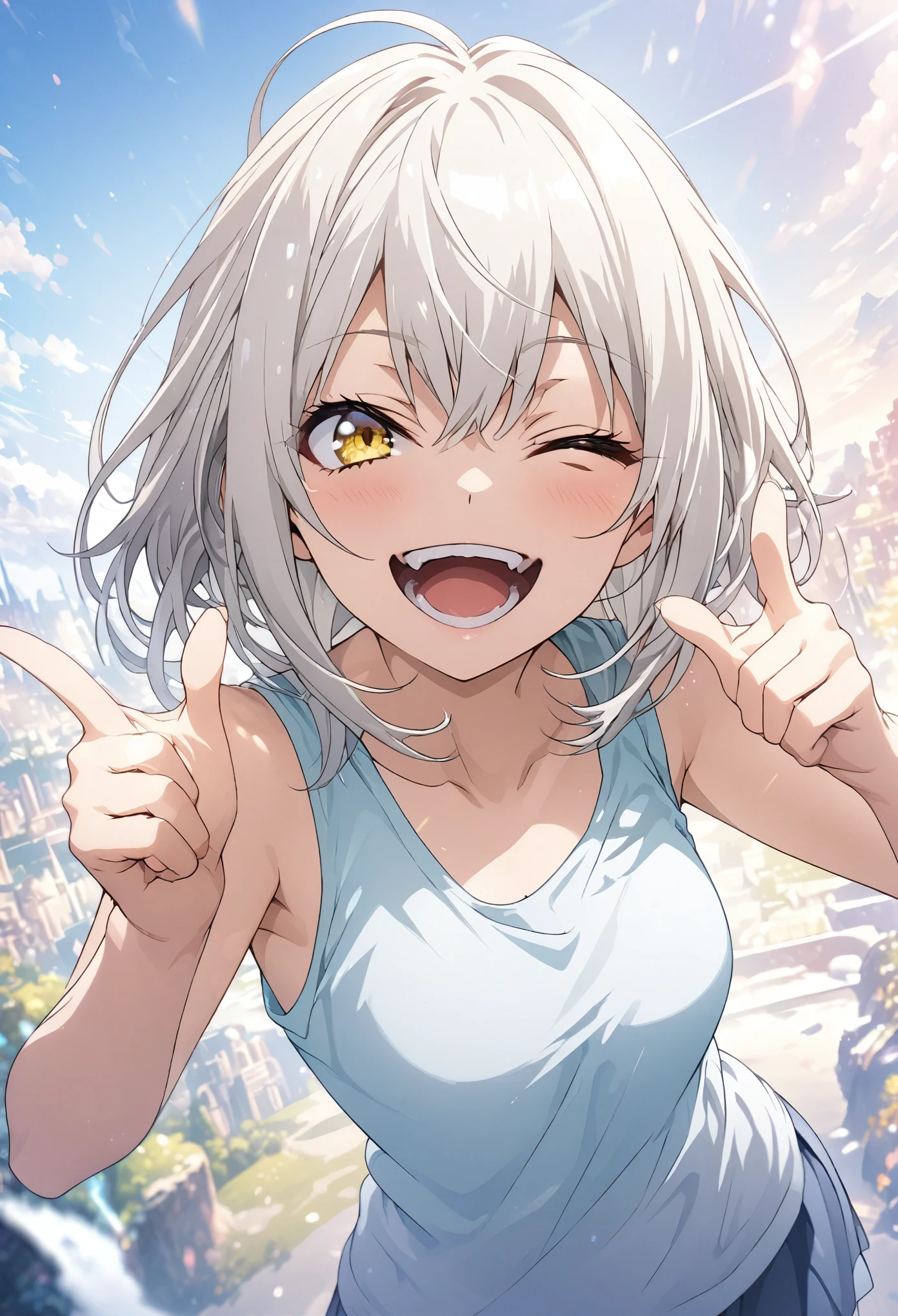 masterpiece, Highest quality, Highly detailed CG Unity 8K wallpapers, High  Girl Anime Illustration. Wear an oversized tank top、Finger gun pose、she has her eyes closed and mouth open, smile. The background is a light pastel colored landscape., white hair color, Yellow Eyes, Deep depth of field