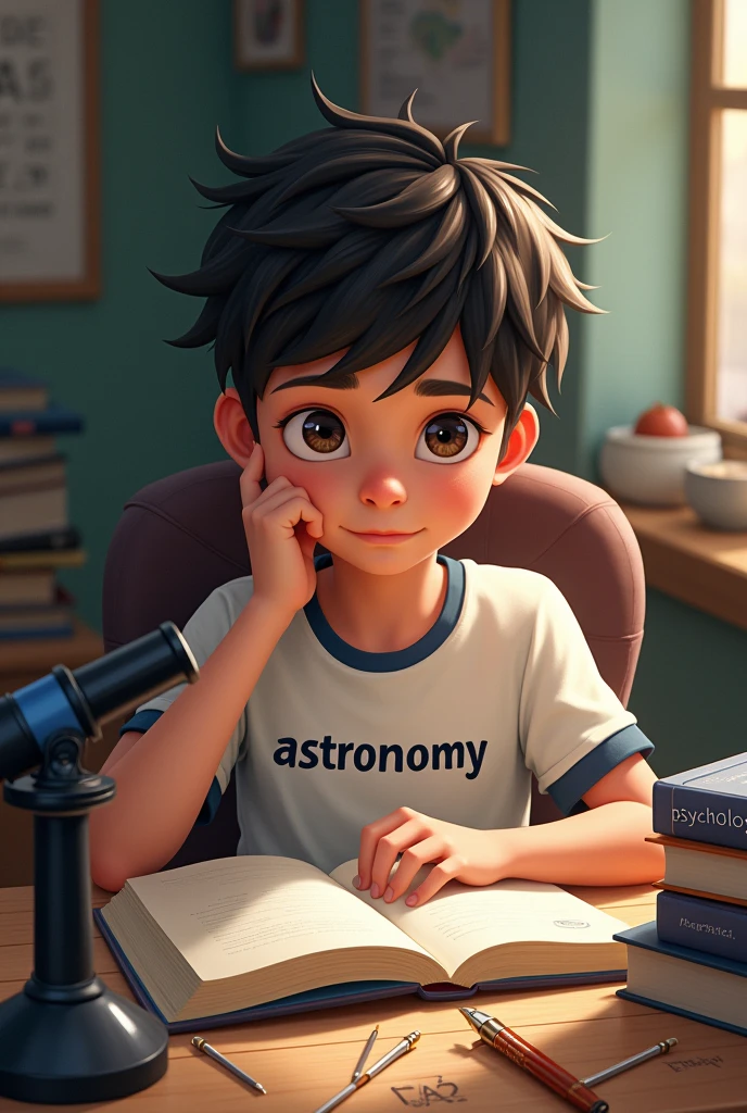 A boy sitting on chair who weared a t-shirt named
" Astronomy ". A black and blue colour telescope on his table's corner. A book on his table's corner named
" Psychology " . Some mathematical instruments on the table. The boy is looking at the book and solving mathematical problem.