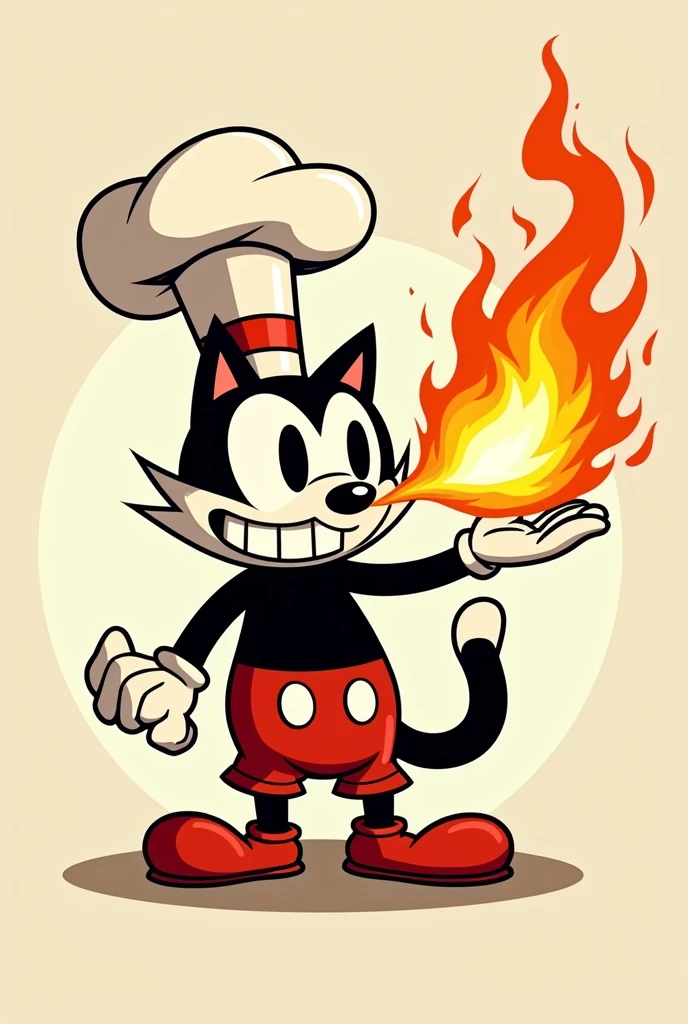 Cuphead style illustration design but with less details of a lucky cat with chef hat who breathe fire with neutral background