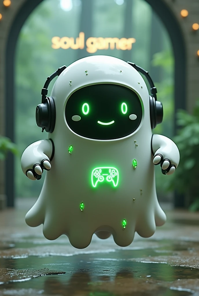 Create a medium-sized robot pet with a ghost-like appearance. Resembling a drop. On his hands he has five well-defined fingers. His facial expression has large, green eyes with a glow, conveying a friendly and cheerful expression. He has a small open mouth with a happy smile and flushed cheeks.. Its body is white with small green details and a smooth, slightly shiny texture.. He has a headset on his head with an adjustable microphone positioned close to his mouth.. And on his chest you can see the illuminated shape of a Playstation 5 controller in fluorescent green.. It floats in the air, as if he were ready for an adventure. Behind the character you can see a portal where it is written "Soul Gamer"