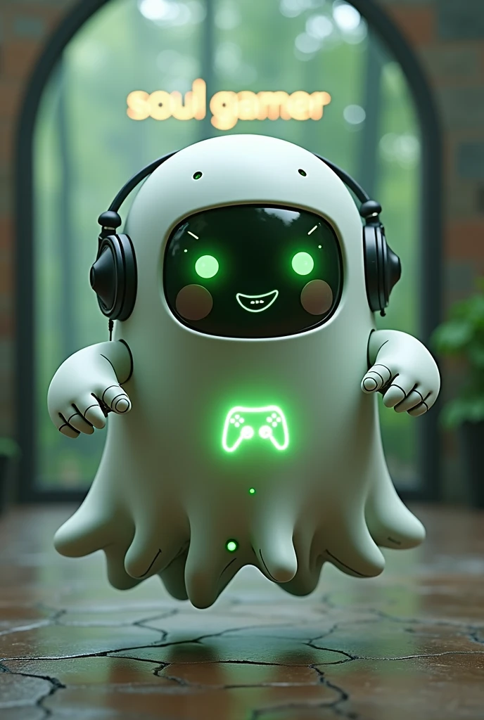Create a medium-sized robot pet with a ghost-like appearance. Resembling a drop. On his hands he has five well-defined fingers. His facial expression has large, green eyes with a glow, conveying a friendly and cheerful expression. He has a small open mouth with a happy smile and flushed cheeks.. Its body is white with small green details and a smooth, slightly shiny texture.. He has a headset on his head with an adjustable microphone positioned close to his mouth.. And on his chest you can see the illuminated shape of a Playstation 5 controller in fluorescent green.. It floats in the air, as if he were ready for an adventure. Behind the character you can see a portal where it is written "Soul Gamer"