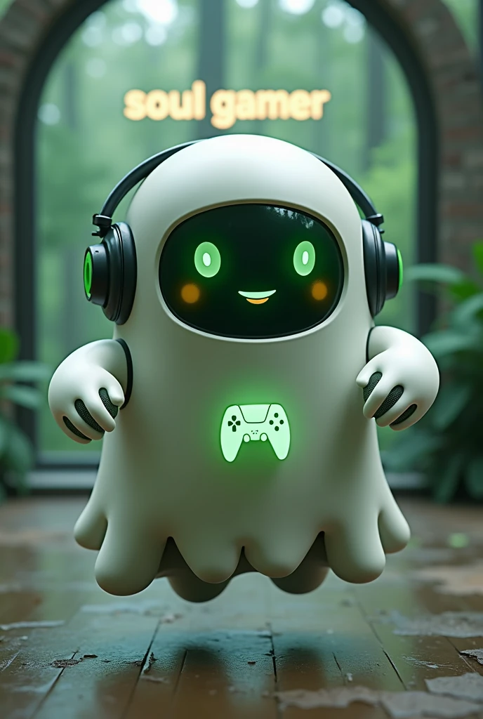 Create a medium-sized robot pet with a ghost-like appearance. Resembling a drop. On his hands he has five well-defined fingers. His facial expression has large, green eyes with a glow, conveying a friendly and cheerful expression. He has a small open mouth with a happy smile and flushed cheeks.. Its body is white with small green details and a smooth, slightly shiny texture.. He has a headset on his head with an adjustable microphone positioned close to his mouth.. And on his chest you can see the illuminated shape of a Playstation 5 controller in fluorescent green.. It floats in the air, as if he were ready for an adventure. Behind the character you can see a portal where it is written "Soul Gamer"