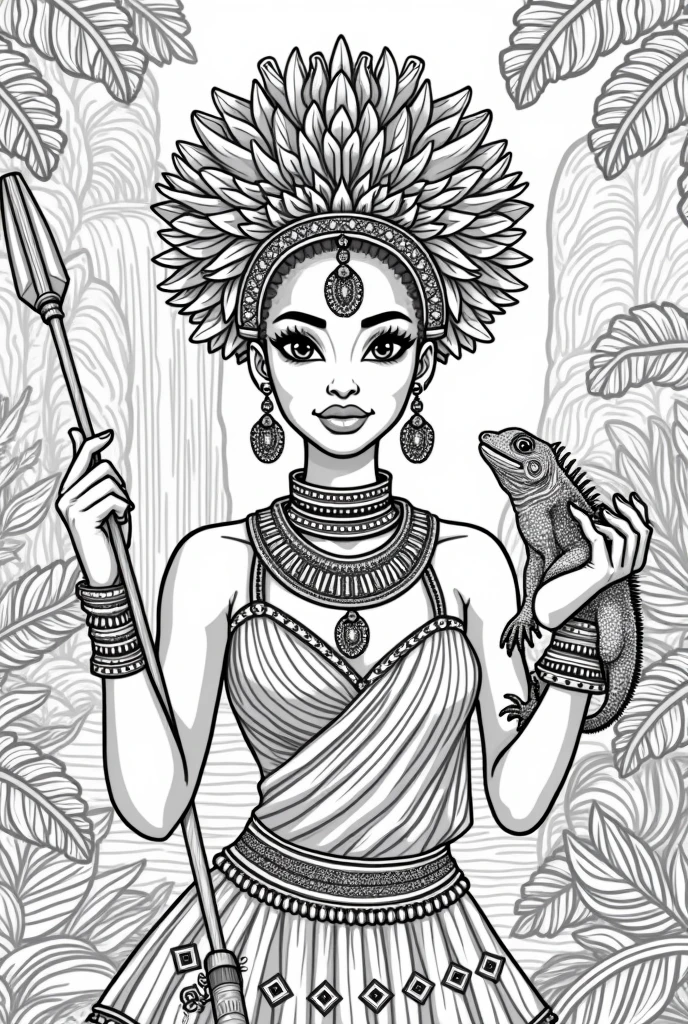 high-resolution line art coloring book page featuring the beautiful Black girl adorned with carib indian carib jewelry and a detailed headdress. The design highlights the patterns and textures, making it perfect for a coloring book., jungle, rivers, waterfal, african, Kalinago princess, spear, kinky hair, , african, with iguana pet, , cute