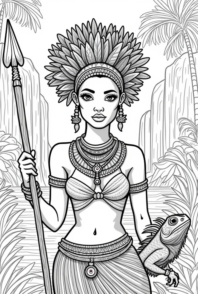 high-resolution line art coloring book page featuring the beautiful Black girl adorned with carib indian carib jewelry and a detailed headdress. The design highlights the patterns and textures, making it perfect for a coloring book., jungle, rivers, waterfal, african, Kalinago princess, spear, kinky hair, , african, with iguana pet, , cute
