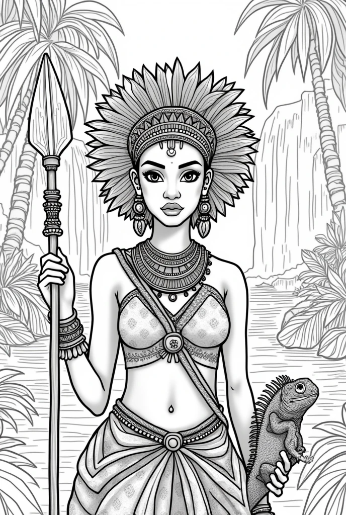 high-resolution line art coloring book page featuring the beautiful Black girl adorned with carib indian carib jewelry and a detailed headdress. The design highlights the patterns and textures, making it perfect for a coloring book., jungle, rivers, waterfal, african, Kalinago princess, spear, kinky hair, , african, with iguana pet, , cute