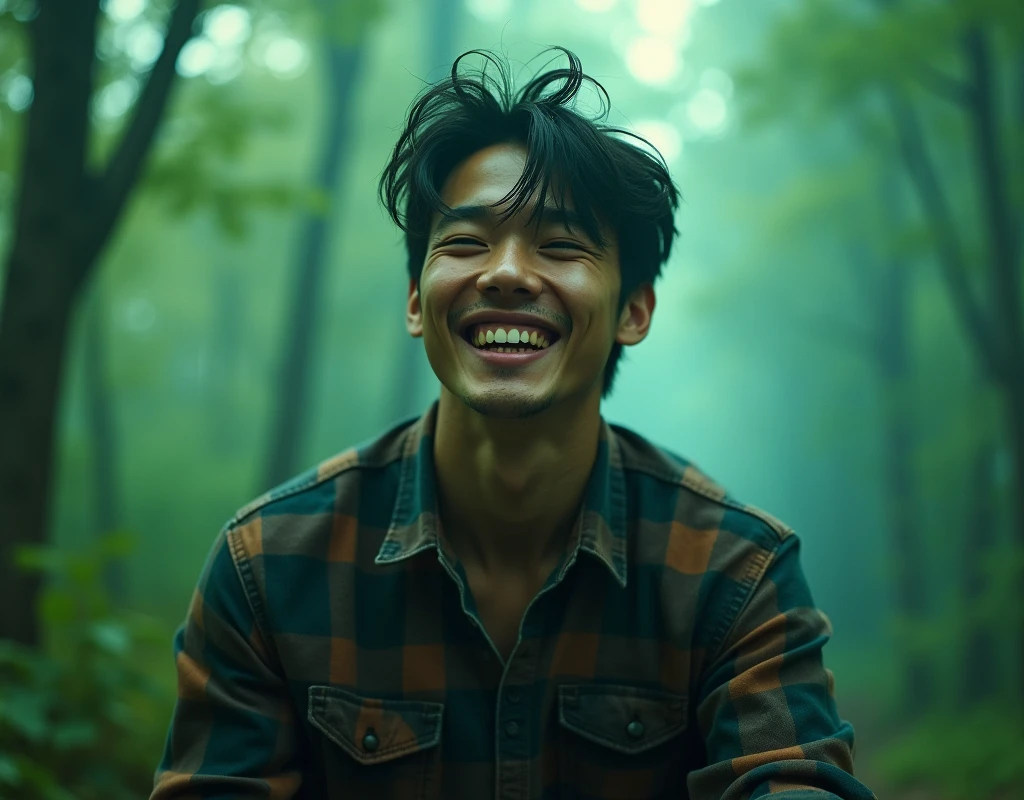 1 korean men, flanel, torn black jeans, casual shoes, laughing and looking at viewers. The camera focuses on the face. Face detail. Skin detail. (mountain:0.8), (cross-processing), (highly detailed), sharp shadows, intricately detailed, photographed on a Hasselblad 500, 80mm F2.8 lens, with Cinestill 800T film, cinematic contrast, outdoors, 32k, sharp focus, detailed sky, Dynamic movement, floresta, emerald fog, mystic, dynamic lighting, filigrana altamente detalhada, complicado, vivid colours, wide angle lens, HDR, hard shadows, art photography, breathtaking, (lens flare:0.7), atmospheric perspective, masterpiece