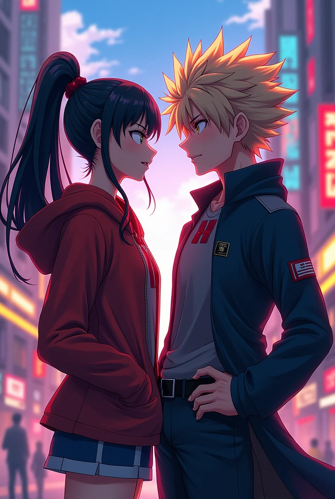 anime girl with black hair tied in a ponytail and Bakugo Katsuki in anime boku no hero academia