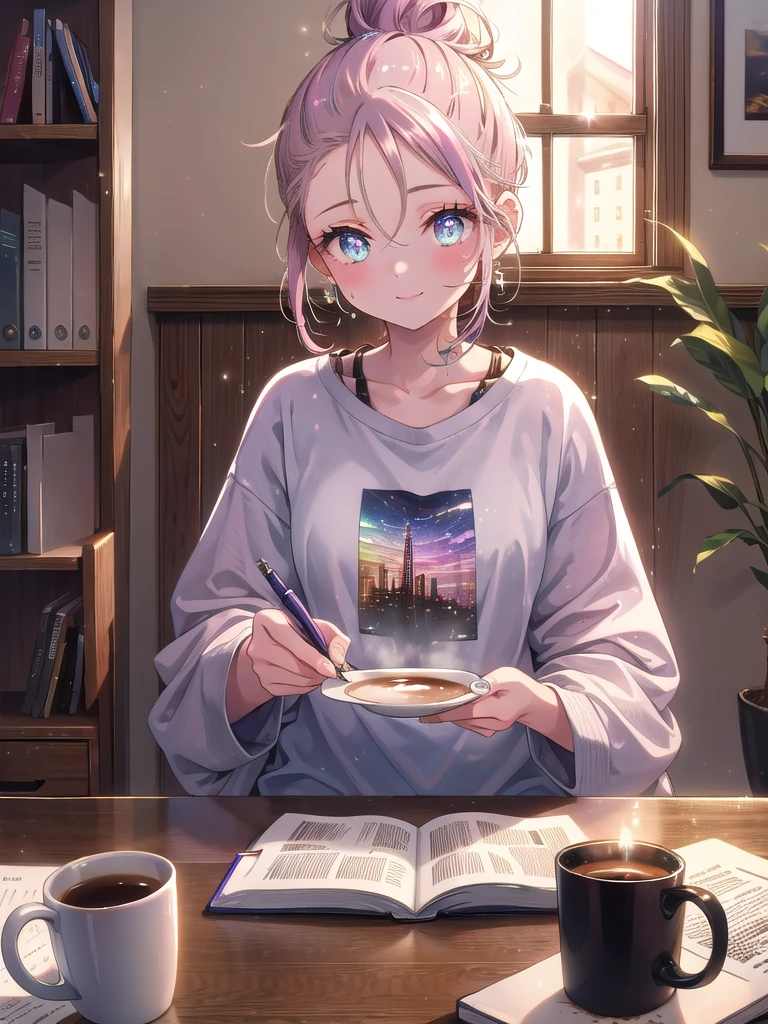 ((8k, Highest quality, masterpiece: 1.3)),Ultra-high resolution,(1 girl, alone), (Color changing eyes, Ultra-detailed, Expressive brilliance, Glitter, Glowing Eyes), Highly detailed eyes, Highly detailed face, Random Hair, ((pastel colour))Late-Night Study Session
The woman is sitting on the floor in her living room, surrounded by a few textbooks and a laptop. She’s dressed in a casual, oversized t-shirt and sweatpants, her hair pulled back into a messy bun. She’s focused on her work, highlighting a section of text with a pen. She looks up at the camera with a tired but determined smile, as if sharing the challenge of studying late into the night. The room is softly lit, with the glow from the laptop screen adding to the cozy atmosphere. The coffee table in front of her holds a mug of tea and a small plate with a snack, suggesting she’s settling in for a long night of studying.

