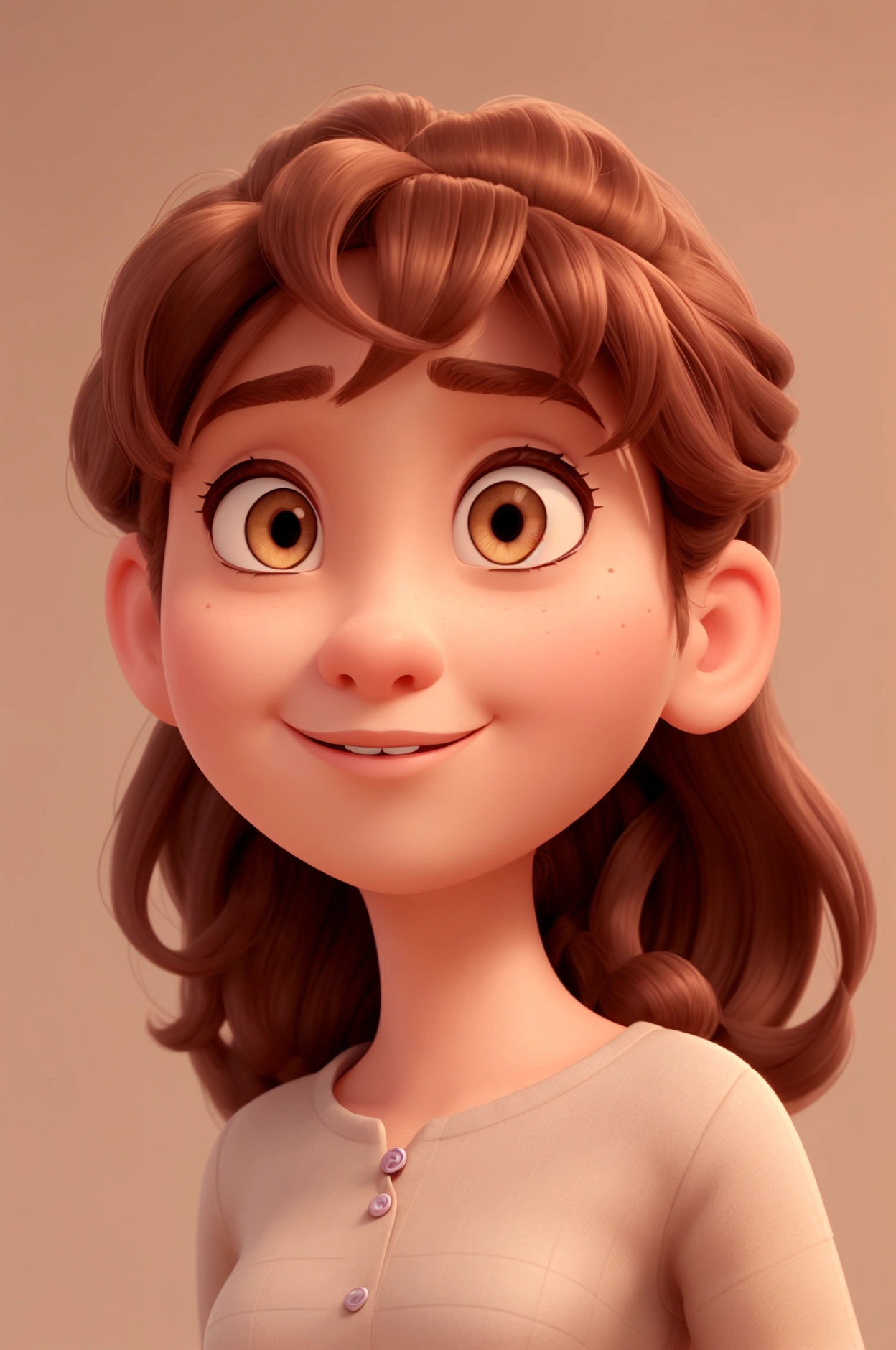 A beautiful young woman inspired by the Disney Pixar animation, up close. The character is the center of attention with captivating facial expressions. He has long brown eyes and hair.. normal clothes. 