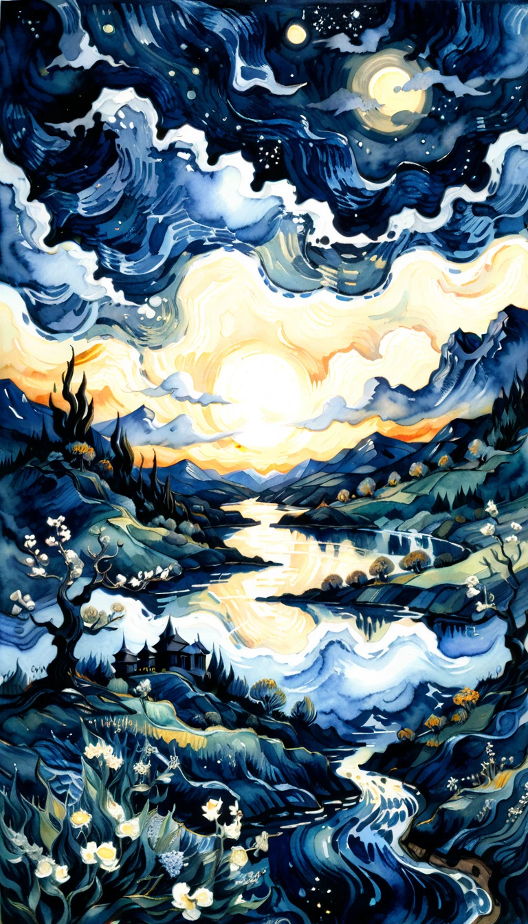a fantasy landscape in a very dark blue color, van Gogh style, Watercolor, trending on art station, sharp focus, studio photo, intricate details, highly detailed, by Greg Rutkowski