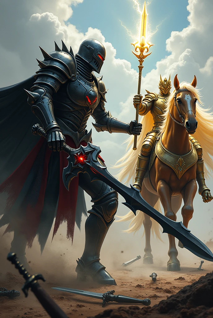 Create the image of a man in dark armor with details in the shape of metal bones with a black sword with a red crystal in the middle fighting a paladin in light armor on a horse with golden armor with an electric spear in a place with many weapons swords on the ground.