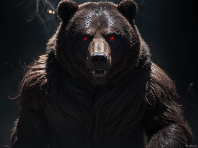 A demonic, powerful bear with glowing red eyes, shrouded in mist, a cursed supernatural entity, ultra-realistic 8K CGI, raw photograph, masterpiece, high resolution vivid color photograph, professional photography, realistic, photorealistic, highest quality, cinematic lighting, strong rim lighting, midnight, post-apocalyptic