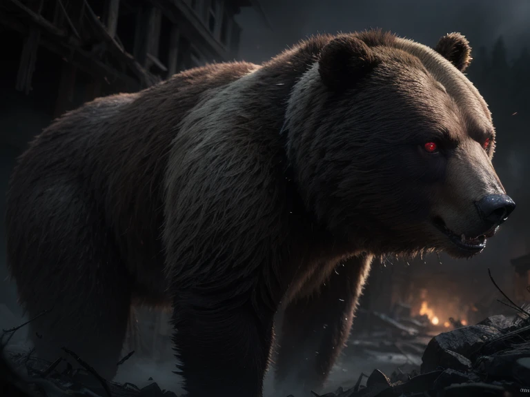 A demonic, powerful bear with glowing red eyes, shrouded in mist, a cursed supernatural entity, ultra-realistic 8K CGI, raw photograph, masterpiece, high resolution vivid color photograph, professional photography, realistic, photorealistic, highest quality, cinematic lighting, strong rim lighting, midnight, post-apocalyptic